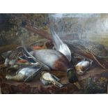 Johan Laurents Jensen, oils on canvas, still life of game birds and a gun (50 x 63 cm) framed. WE DO