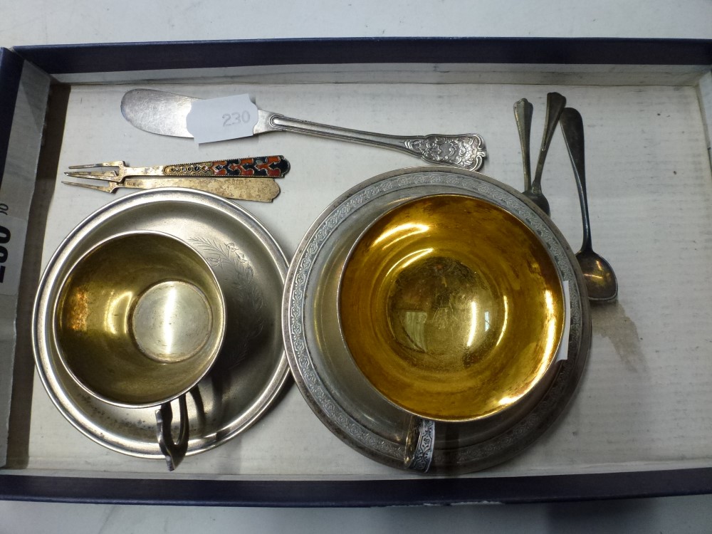 Two Soviet Russian 875 silver teacups and saucers, two similar enamelled sweetmeat forks, three