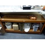 A real mixed lot including a buffet table, a brass warming pan on turned wood handle, a vintage