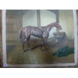 After Stubbs, oils on canvas, of a chestnut horse with white blaze in a stable; and a smaller oil on