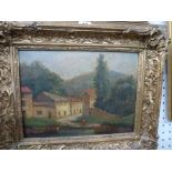 Oils on board, a Hungarian village by a river, signed with monogram (25 x 33 cm), period gilt frame,