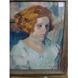 Five various framed pictures, including A. Mollo, portrait in oils of a young woman, signed,