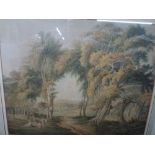 W.F. Wells (1762-1836), a watercolour landscape with trees and figures (42 x 52 cm), framed, with