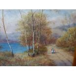 Mac (?), oils on board, figures on a path by a loch, signed (34 x 44 cm), framed WE DO NOT TAKE