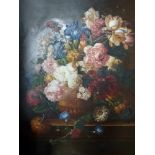 A Flemish-style oils on canvas of a profusion of flowers in a bronze jardinière on a ledge (80 x
