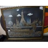 A collection of five framed various Asian textile pictures, including an antique Chinese silk