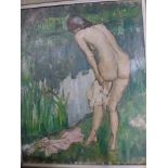 K. (or L.?) Farley, oils on canvas, The Bather, signed (50 x 40 cm), framed, sold together with a T.