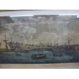 After J. Butcher, an antique coloured engraving of the quay at Great Yarmouth, maple frame, and a