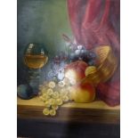 A Flemish style oils on canvas of fruits on a window ledge and a peacock butterfly, sold together