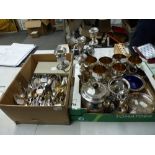 Two small cartons of silver-plated wares and mixed cutlery, including a candelabrum, set of six