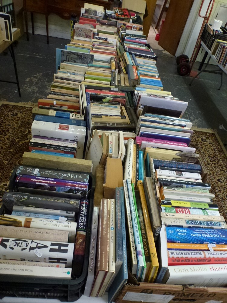 Books: two tables of hardback and paperback books, including nature, novels, cookery, art,