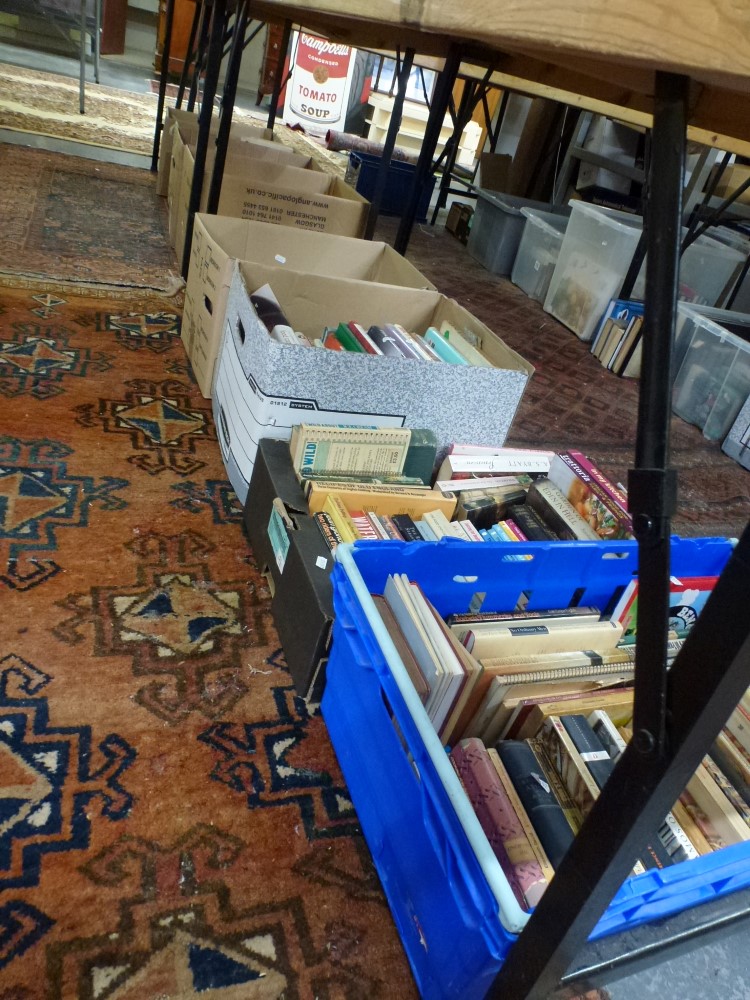 Books: on two tables and in eight boxes below, part of a library of hardback and paperback books, - Image 2 of 2