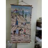 Three Tibetan wall hangings in mixed media applique and embroidered on a painted panel depicting
