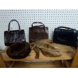 Three vintage reptile skin handbags, a mink cap and a mink collar WE DO NOT TAKE CREDIT CARDS OR