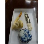 An antique meerschaum pipe carved as a lady's head, a French blue and white faience snuff box, and a
