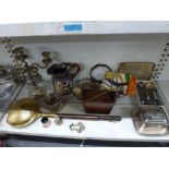 A shelf of miscellaneous items, including a Victorian EPNS box, a candelabrum, trefoil dish, and