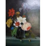 A Flemish-style oils on canvas, still life of a profusion of summer flowers with butterflies and