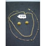 A 9 ct gold short chain necklace, a 9 ct necklet with ball spacers, and a pair of Indian gold ear