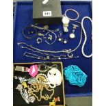 Costume and silver jewellery, including a 1930s lapel watch, beads, etc., also a Longines Conquest