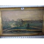 An early 20th century oils on board of figures strolling on a heath (27 x 51 cm), framed WE DO NOT