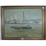 H.I.G., 20th century, oils on board, a tug boat and barges on an urban river, signed with