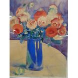 A 20th century watercolour, flowers in a blue vase, signed in pencil indistinctly and dated '79,