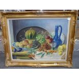 Emile Van Damme, oils on canvas, still life of fruit, pottery and a wine glass, signed (54 x 74 cm),