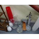 A very large floor-standing red vase, a very large pair of clear glass vases, two M&S white