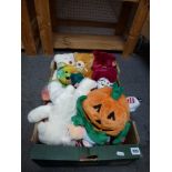 A carton of Ty Beanie Babies polar bear, leopard and pumpkin plus a small box of costume jewellery
