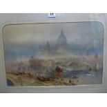 A 19th century lithograph with hand colouring of St Paul's Cathedral viewed across a busy River