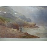 W. Cook, watercolour heightened with white, 'Egg collectors, on the rocks in rough weather',