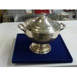 A silver-plated soup tureen with cover, a Mappin Plate salver, and a shaped oval tray WE DO NOT TAKE