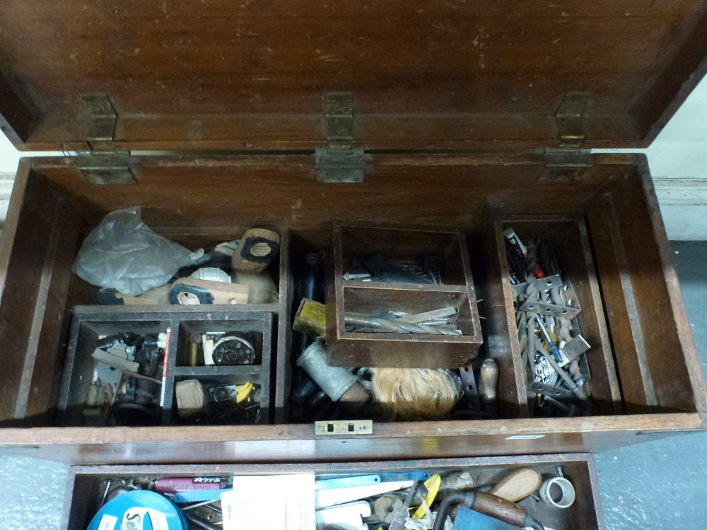 A vintage mahogany brass-bound wood working chest and contents including screwdrivers, brackets etc. - Image 2 of 2