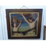 Violet Churchill Longman, oils on board heightened with gold, the Crucifixion, reverse of frame with