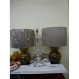 A pair of The White Company smoky glass table lamps and shades plus a clear glass four ball table