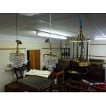 A pair of modern small crystal drop ceiling lights and a brass lantern style ceiling light WE DO NOT