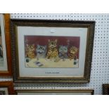 Louis Wain, a pair of birds eye maple framed chromolithographs, scenes from Dame Tibby's School -