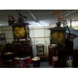 A pair of brass and glass ceiling lanterns WE DO NOT TAKE CREDIT CARDS OR CASH. STORAGE IS CHARGED