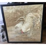 A 19th century Japanese silk embroidered panel of a cockerel and hen in a lacquered frame, 73 x 79