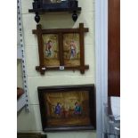 A set of three 19th century French painted pottery plaques, in two frames, depicting rustic