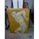 A selection of five various pictures that includes three unframed oils on canvas and modern figure