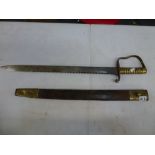 A 19th century short sword with saw back, brass hilt and brass-mounted leather scabbard, variously