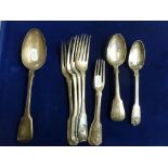 A quantity of Scottish silver Fiddle pattern cutlery, comprising two tablespoons, four table