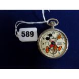 A vintage Mickey Mouse pocket watch in a steel case, by Ingersoll. WE DO NOT TAKE CREDIT CARDS OR