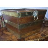 A 19th century oak and brass-bound square log bin or planter with brass lion-ring carrying
