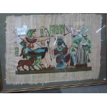 G.M. Brown, a pen and watercolour, 'Christmas shopping', signed, a needlework picture, a batik, a