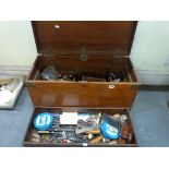 A vintage mahogany brass-bound wood working chest and contents including screwdrivers, brackets etc.