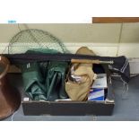 Angling items, comprising: Daiwa three-piece Whisker fly rod, Leeda & Silstar reels, canvas bag,