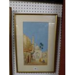 Jas. Greis, a watercolour of an Arabian oasis and market, signed, together with I. Ogden, a