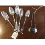 A set of five Georgian shell-back silver teaspoons, initialled RTM, and with lion passant